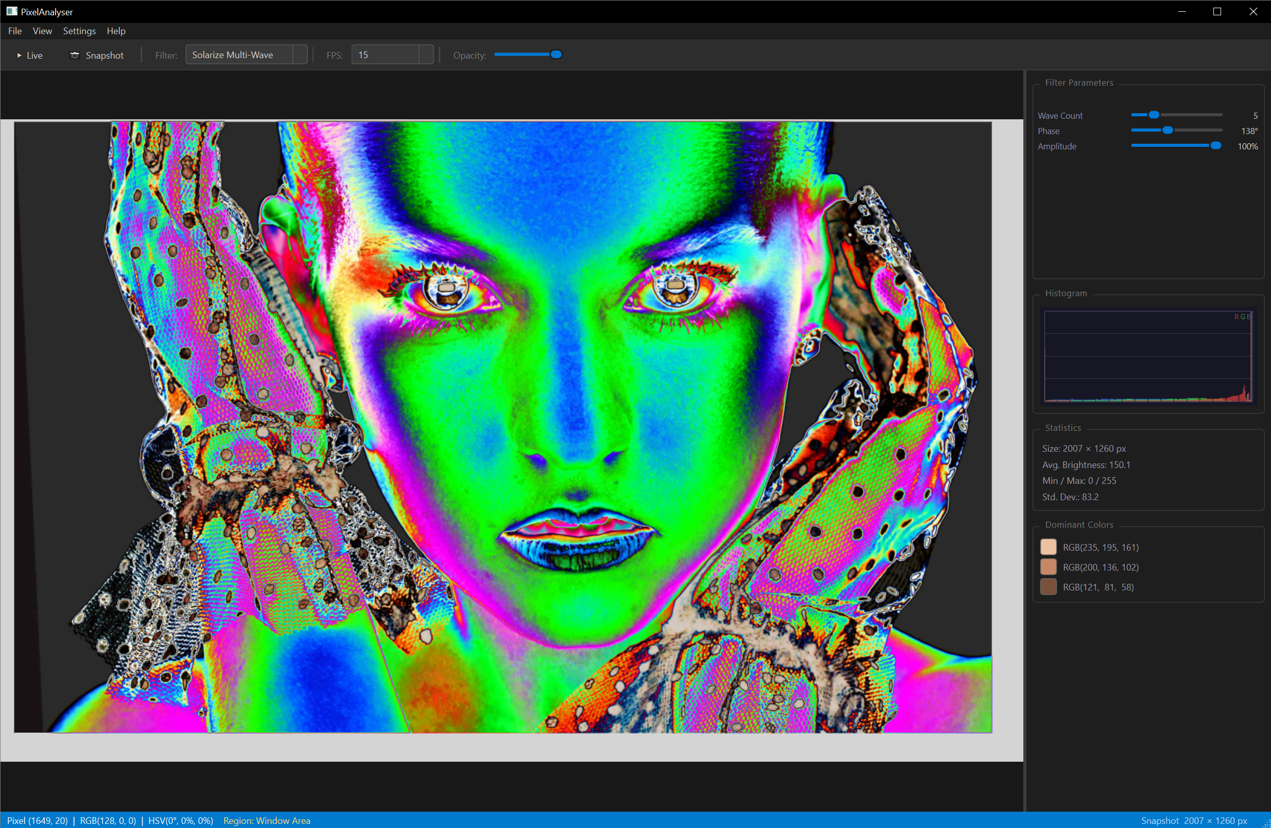 PixelAnalyser - Color filter analysis of a portrait photo with enhanced multi-wave visualization